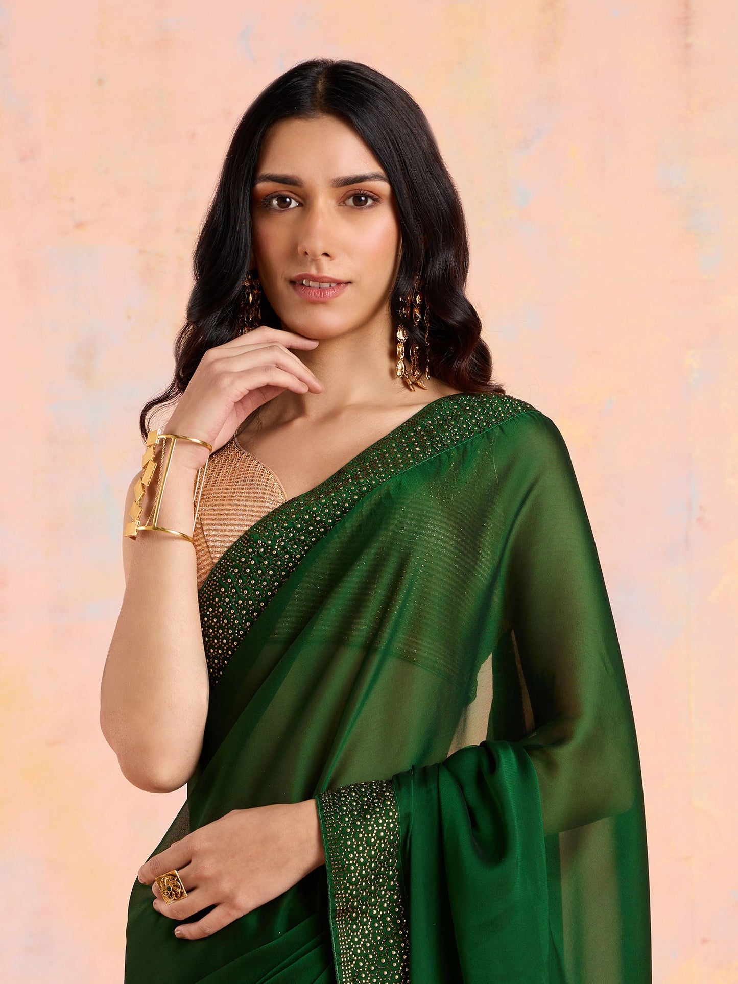 Likha Dark Green Georgette Embellished and Sequined Saree with Unstitched Blouse LIKSAR17 (Free Size)