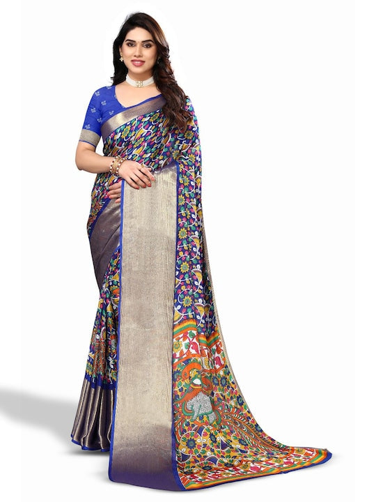 Fabmora Ethnic Motifs Printed Kalamkari Zari Pure Chiffon Saree