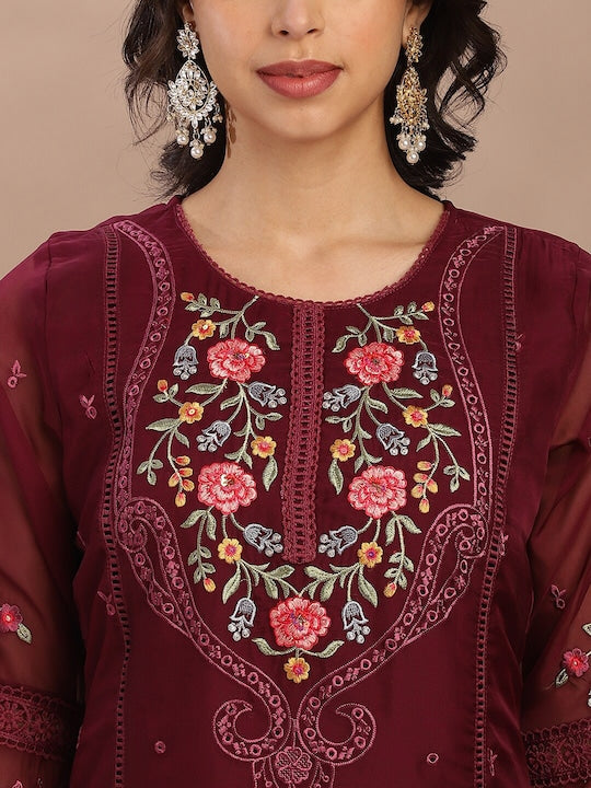 Fabmora Women Ethnic Motifs Embroidered Regular Thread Work Kurta with Trousers & With Dupatta