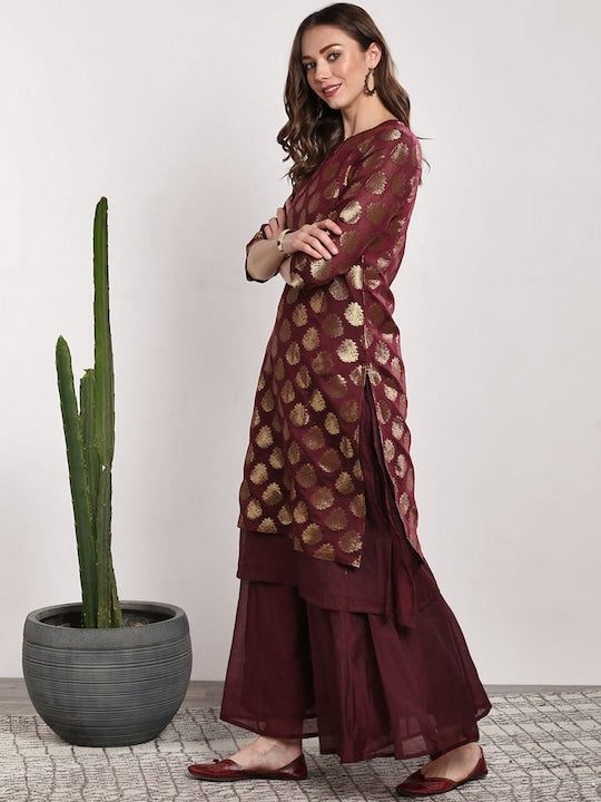 Sangria Women Burgundy Woven Design Kurta with Palazzos
