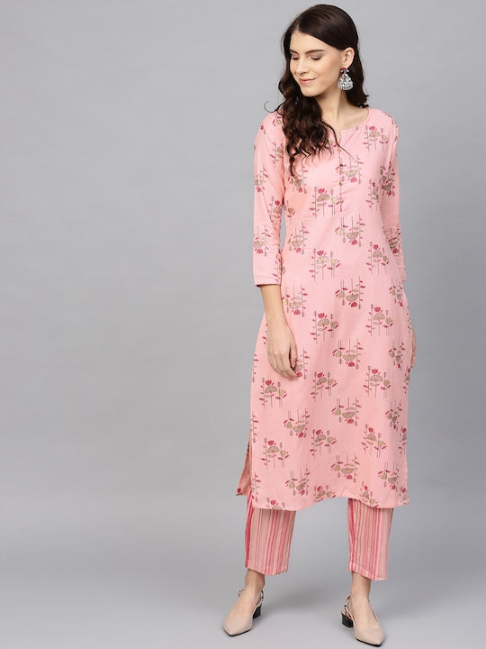 Yufta Women Pink & Golden Printed Kurta with Palazzos - XL