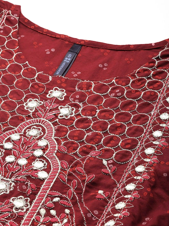 Here&now Women Bandhani Printed Mirror Work Anarkali Kurta