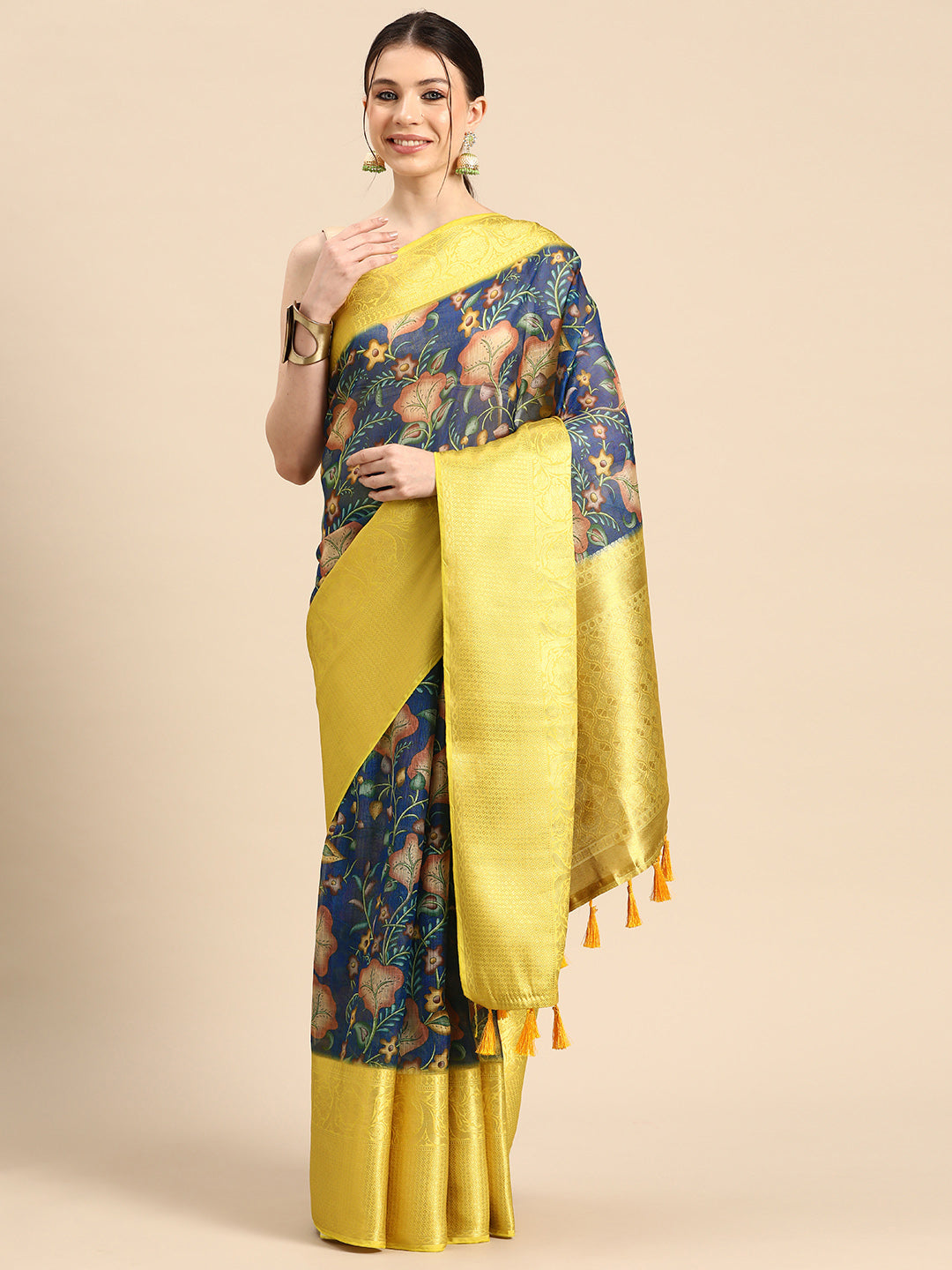 Silk Land Floral Printed Zari Muga Saree