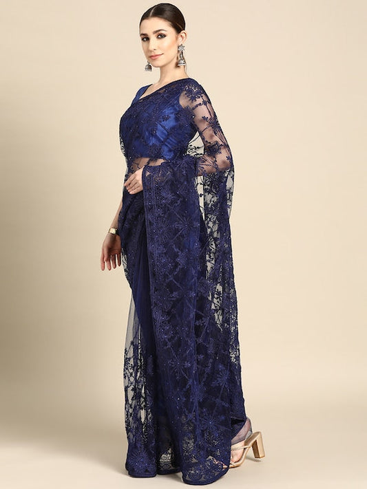 All about you Navy Blue Ethnic Motifs Net Bagh Saree