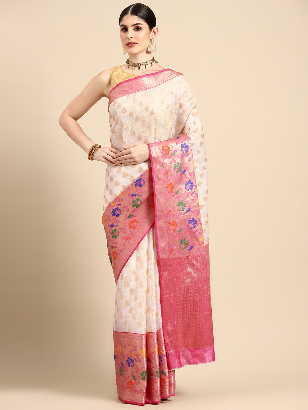 Silk Land Ethnic Motifs Zari Silk Cotton Kasavu Saree