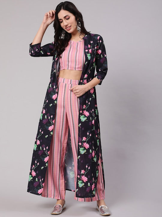 AKS Printed Top With Palazzo & Jacket