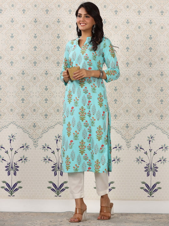 House of Pataudi Floral Printed Mandarin Collar Pure Cotton Kurta