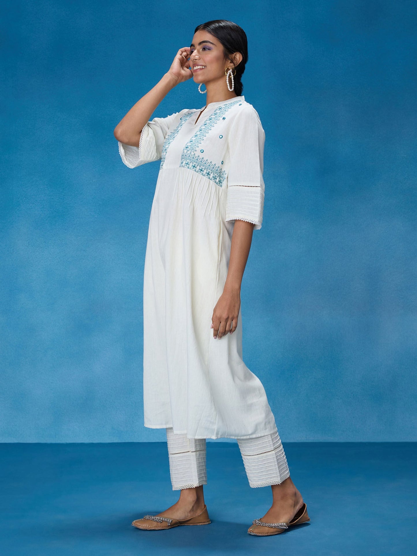 Likha White and Blue Chintz Floral Flared Solid Co-ord Set LIKSKD320 (Set of 2)