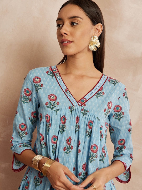 All about you Turquoise Blue Floral Yoke Design Pure Cotton Kurta with Trousers