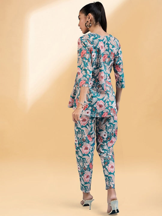 All about you Teal Blue Floral Printed Tunic With Trouser