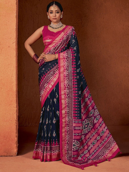Satrani Ethnic Motifs Printed Zari Pure Silk Pochampally Saree