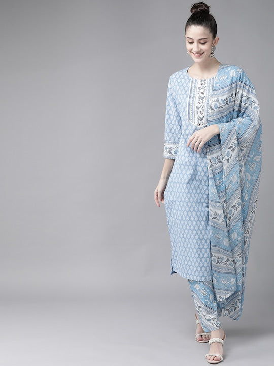 Yufta Women Blue & White Ethnic Printed Pure Cotton Kurta with Trousers & With Dupatta - S