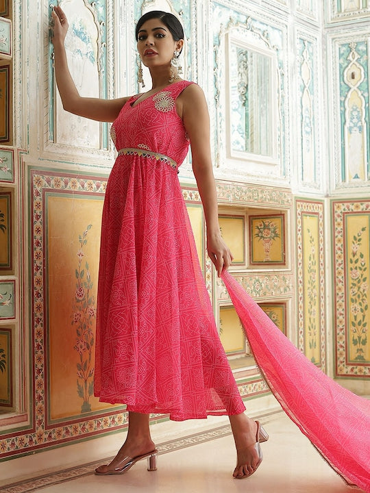 AKS Couture Bandhani Printed Georgette V-Neck Flared Anarkali Kurta With Dupatta