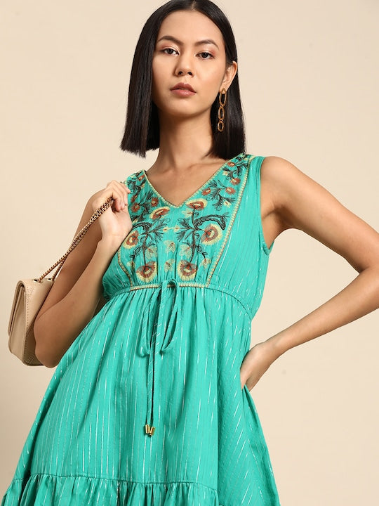 All about you Waist Tie-Up Floral Embroidered Tiered Midi Dress