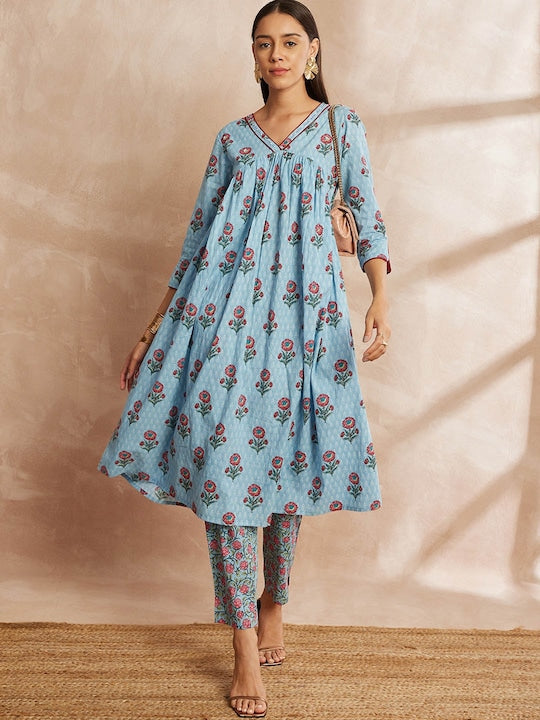 All about you Turquoise Blue Floral Yoke Design Pure Cotton Kurta with Trousers