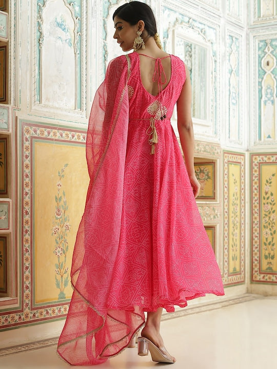 AKS Couture Bandhani Printed Georgette V-Neck Flared Anarkali Kurta With Dupatta