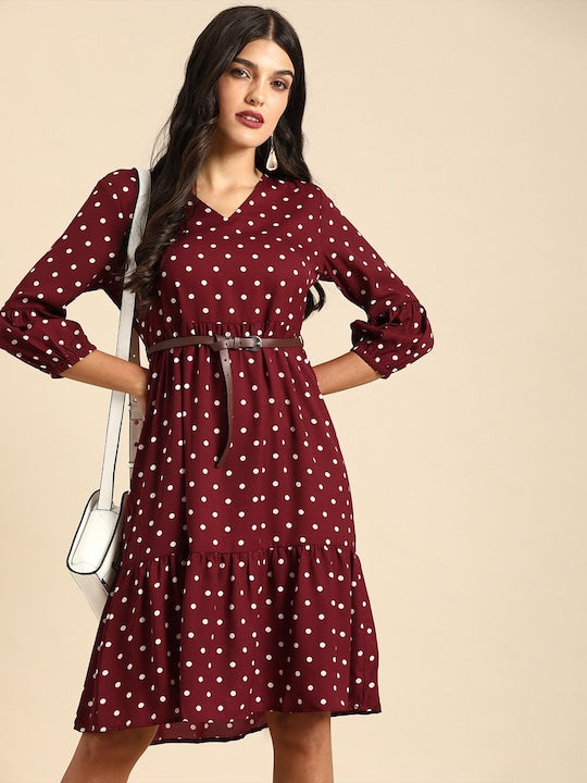 All about you Women Maroon & White A-Line Polka Dot Printed A-Line Dress With A Belt