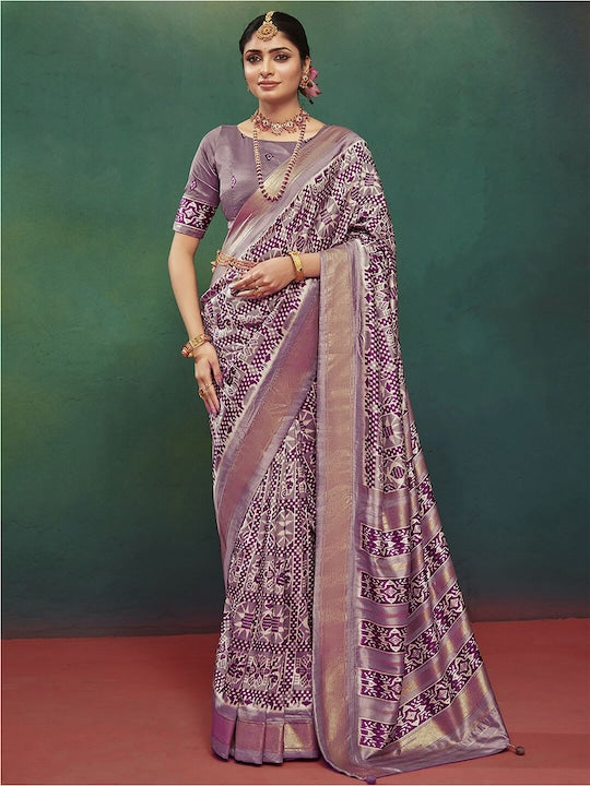 Satrani Grey & Maroon Ethnic Motifs Woven Design Zari Pure Silk Sungudi Saree