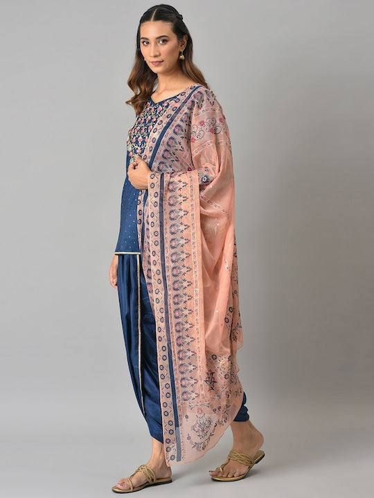 Aurelia Women Blue Floral Embroidered Thread Work Kurti with Dhoti Pants & With Dupatta