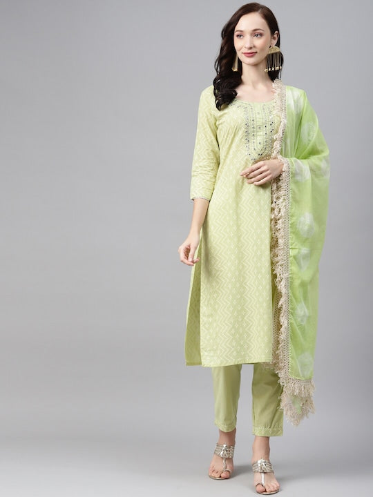 Anubhutee Women Yoke Design Pure Cotton Kurta With Trousers & Dupatta