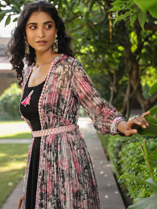 Scakhi Floral Printed Smoking Cuffed Sleeves Ethnic Dress With Shrug And Belt