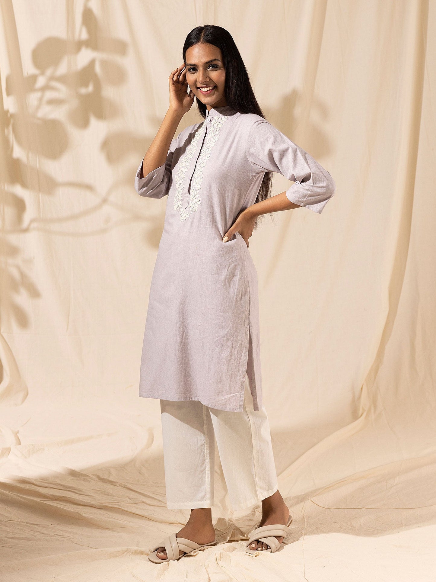 Likha Mauve Kurta with White Cotton Thread Embroidery