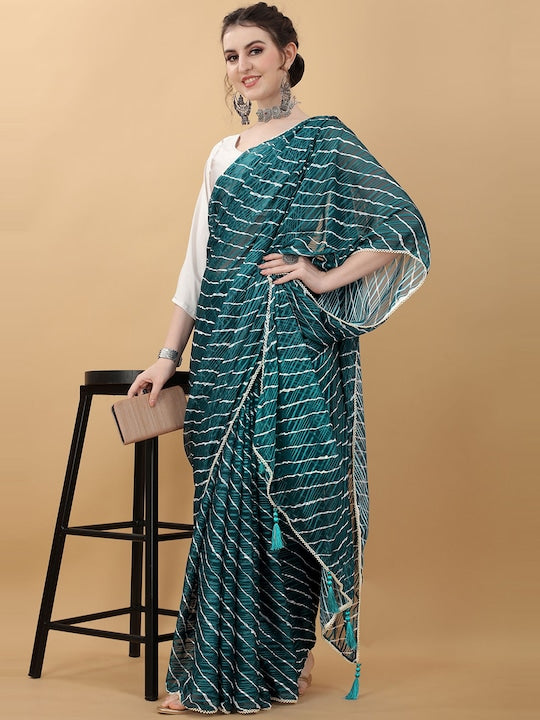 Kasee Blue & White Striped Satin Saree