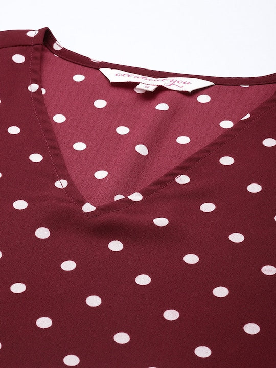 All about you Women Maroon & White A-Line Polka Dot Printed A-Line Dress With A Belt