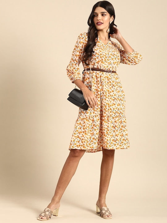 All about you Women White & Mustard Yellow Floral Printed A-Line Dress With A Belt