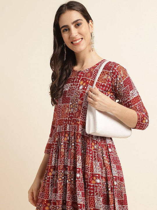 Fabclub Abstract Printed Keyhole Neck A-Line Kurta