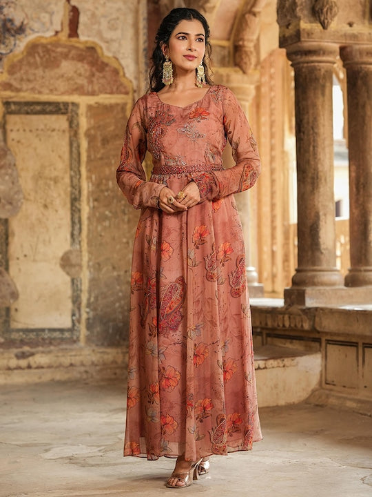 Scakhi Floral Printed Silk Maxi Ethnic Dress With Belt
