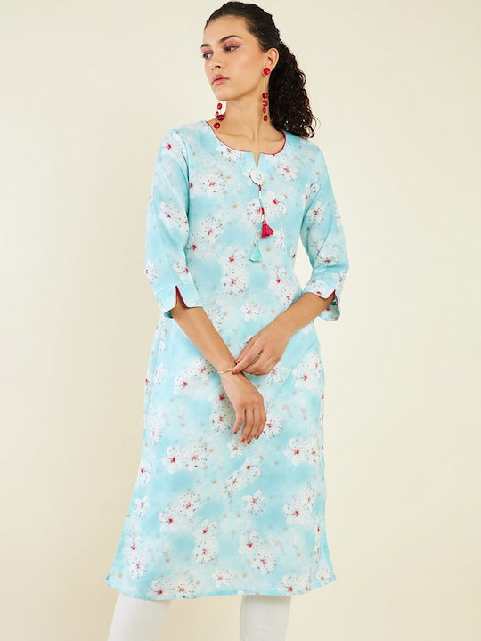 Soch Floral Printed Notch Neck Thread Work Straight Linen Kurta
