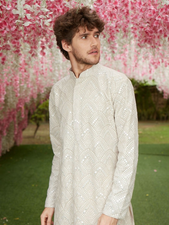 Vastramay Men Grey Ethnic Motifs Embroidered Mirror Work Georgette Kurta