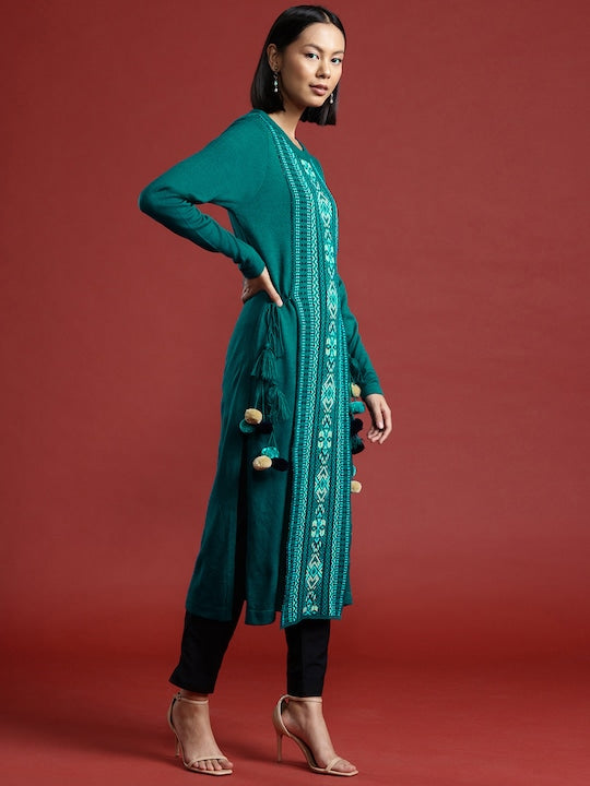 All about you Women Ethnic Motifs Layered Pom-Pom Detail Winter Kurta