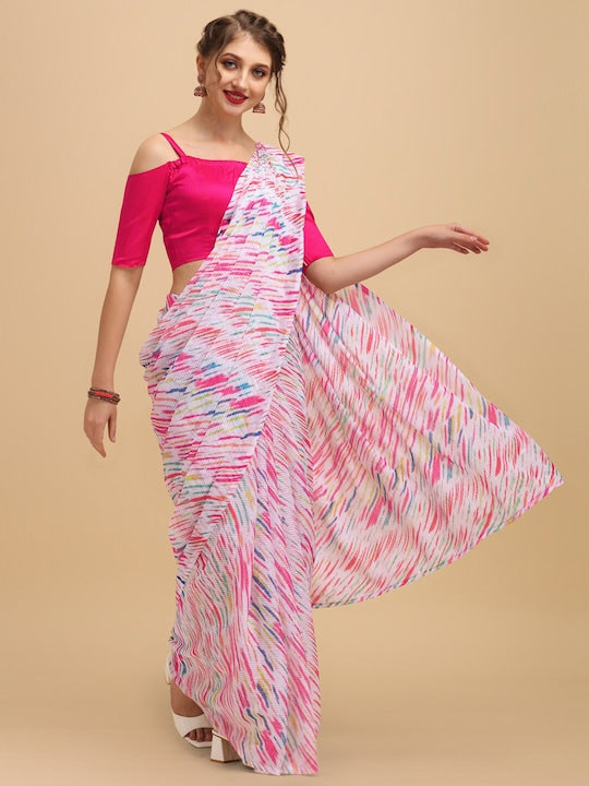 Sangria White and Pink Abstract Printed Saree