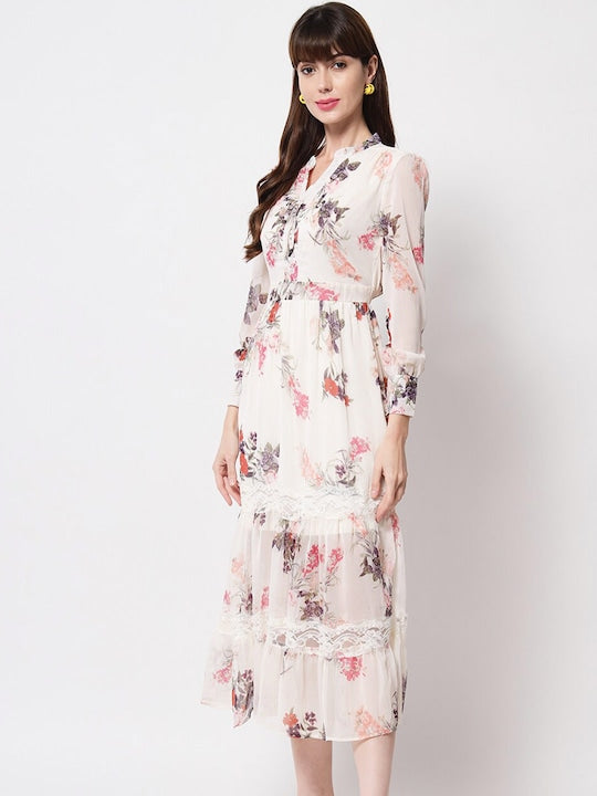 Here&now Off White & Red Floral Tie-Up Neck Layered Chiffon A-Line Midi Dress