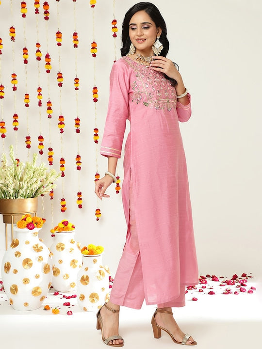 Varanga Women Pink Ethnic Motifs Embroidered Dupion Silk Kurta with Palazzos & With Dupatta