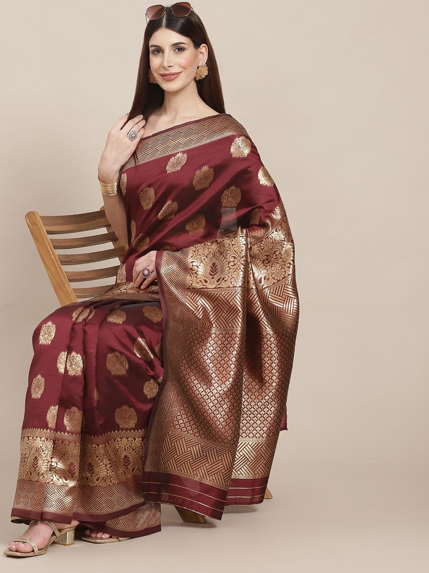 KSUT (House of Varanga) Maroon Woven Design Banarasi Silk Saree With Blouse Piece