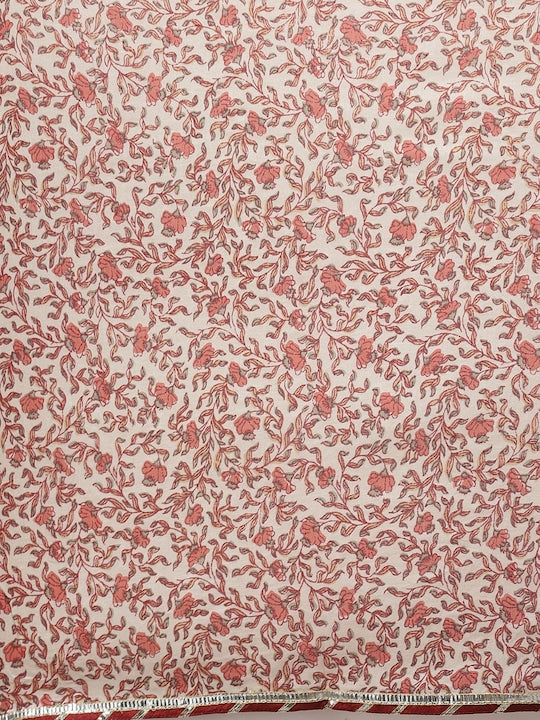 Yufta Women Off White Floral Printed Regular Thread Work Pure Cotton Kurta with Trousers & With Dupatta