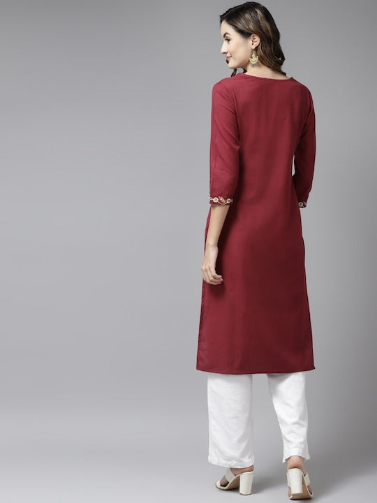 Yufta Women Maroon Yoke Design Mirror Work Kurta