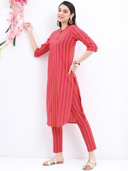Vishudh Striped Mandarin Collar Cotton Kurta