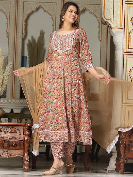 Singni Floral Printed Mirror Work Anarkali Kurta With Trousers & Dupatta