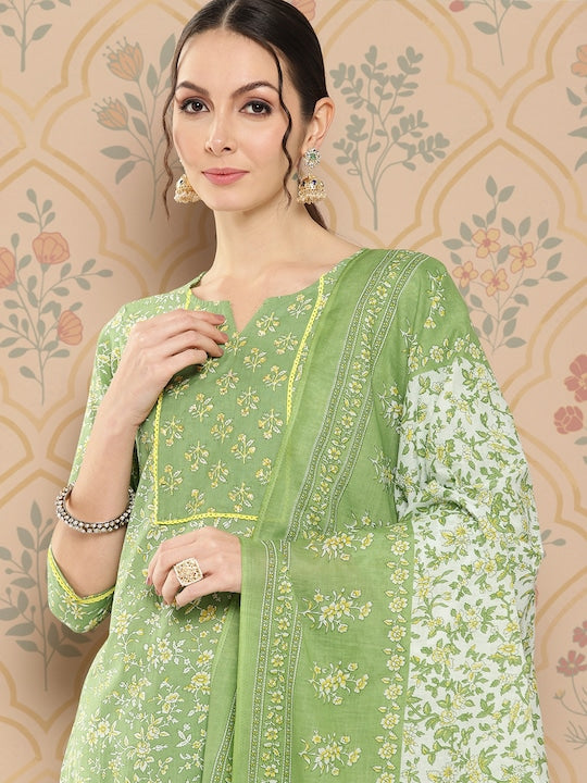 Yufta Women Floral Printed Regular Sequinned Pure Cotton Kurta Set