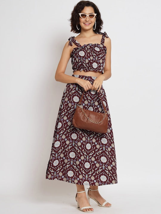 All about you Floral Printed Shoulder Straps Crop Top & Skirt