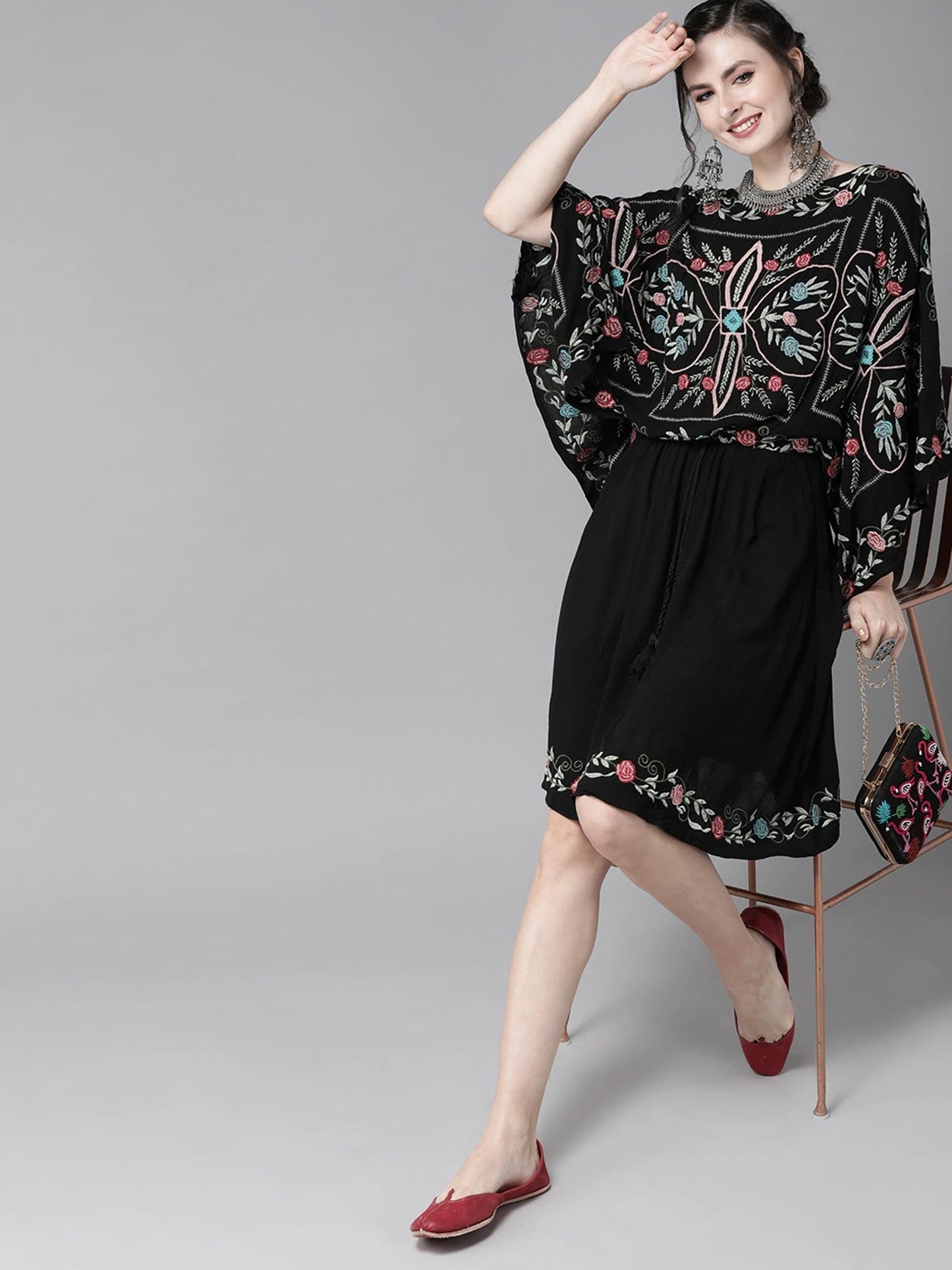 ISHIN Women's Black Embroidered Kaftan Dress