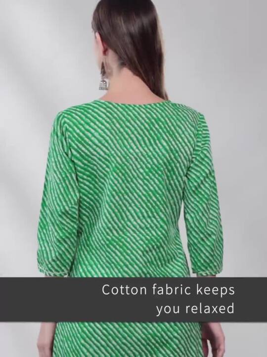 Yufta Women Green & Off-White Leheriya Dyed Straight Kurta Green