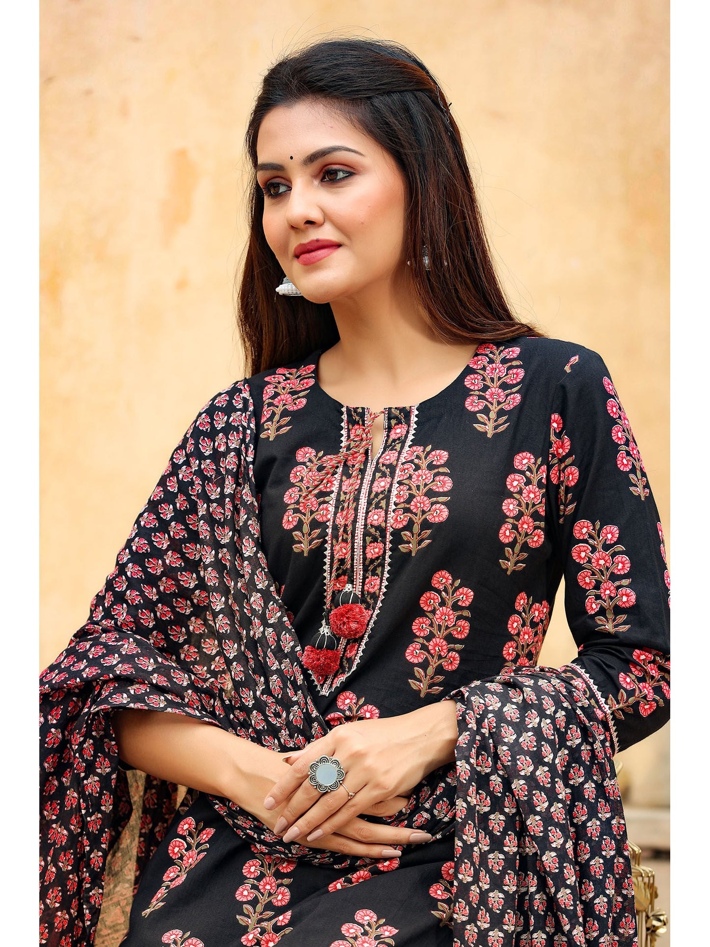 PIROH Womens Floral With Embroidery Straight Kurta Trouser With Voile Dupatta (set Of 3)