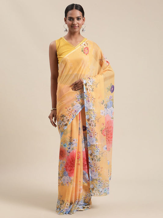 Ahalyaa Women's Mustard Colour Chiffon Digital Print Floral Saree