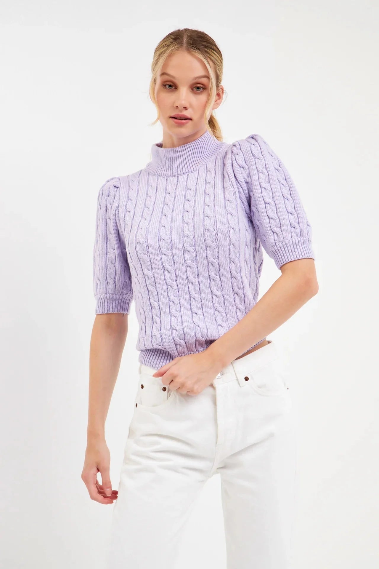 Short-Sleeve Cable-Knit Sweater
