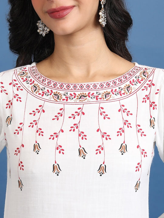 Vishudh White Floral Printed Bell Sleeves Kurta